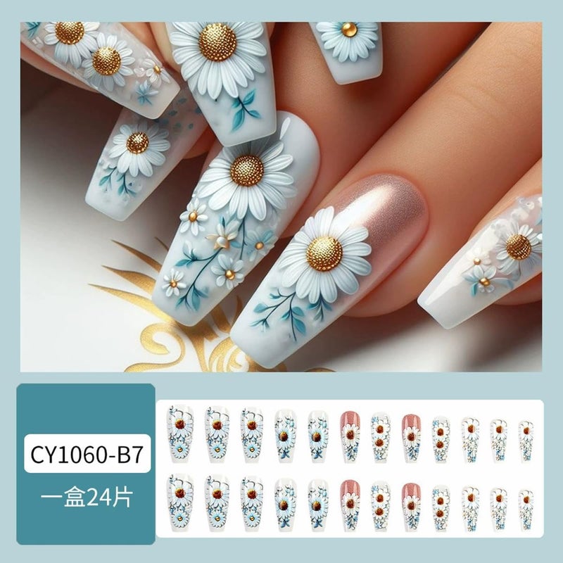 juggssa Spring Flower Press on Nails Long Coffin Fake Nails with Daisy Designs Spring Summer Glue on Nails Glossy Flower Acrylic Nails Full Cover False Nails with Glue Reusable Stick on Nails for Women 24PCS - Image 4